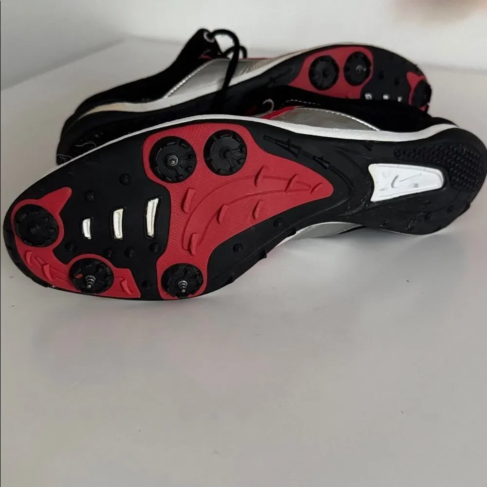Nike Zoom Eldoret II track spikes in black, white, red, and silver. EUC